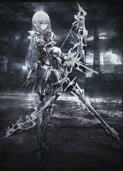 Rule 34 | 1girl, absurdres, armor, bow (weapon), cityscape, fantasy, faulds, full body, greaves, grey eyes, grey theme, highres, holding, holding bow (weapon), holding sword, holding weapon, knight, long hair, looking at viewer, original, pointy ears, shoulder armor, solo, standing, sword, tuda6, weapon, white hair