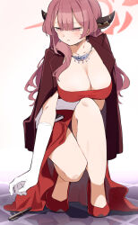 Rule 34 | 1girl, absurdres, aru (blue archive), aru (dress) (blue archive), blue archive, breasts, brown horns, cleavage, coat, coat on shoulders, demon horns, diamond necklace, dress, gloves, halo, highres, horns, large breasts, official alternate costume, pen, pink halo, red coat, red dress, solo, squatting, strapless, strapless dress, wavy ends, white gloves, yuki hishaku