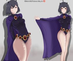 Rule 34 | 1girl, absurdres, black clover, black hair, blush, breasts, cosplay, dc comics, highres, horns, iris art, large breasts, latex, raven (dc), red eyes, secre swallowtail, short hair, tagme, teen titans