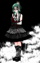 Rule 34 | 1girl, alternate costume, aoshima, bare shoulders, black dress, black footwear, black gloves, blue eyes, boots, corset, darkness, dress, flower, gloves, gothic lolita, green hair, hat, highres, lolita fashion, mini hat, rod of remorse, shaded face, shiki eiki, solo, spider lily, touhou, white flower, white spider lily