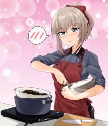 1girl, abimaru gup, alternate hairstyle, apron, bangs, black skirt, blue eyes, blush, bow, bowl, chocolate, closed mouth, commentary request, cooking, dress shirt, eyebrows visible through hair, flying sweatdrops, girls und panzer, grey shirt, hair bow, hair up, highres, holding, holding bowl, insignia, itsumi erika, knife, kuromorimine school uniform, long sleeves, looking at viewer, medium hair, mixing, mixing bowl, pink background, pleated skirt, pot, purple bow, red apron, school uniform, shirt, short ponytail, silver hair, skirt, sleeves rolled up, smile, solo, sparkle, spoken blush, standing, twitter username, whisk, wing collar