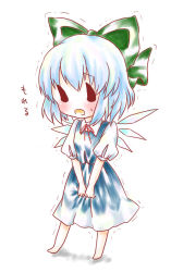 Rule 34 | 1girl, ^^^, bad id, bad pixiv id, bare legs, between legs, blue dress, blue hair, blush, bow, chibi, cirno, dress, hair bow, hand between legs, have to pee, kuromame (8gou), open mouth, solo, touhou, translated, trembling, wings