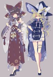 Rule 34 | 2girls, adapted costume, black cape, black dress, black footwear, black hair, blonde hair, blunt bangs, bow, braid, brown eyes, brown hair, cape, clenched hand, commentary, detached sleeves, dress, floral print, flower, frilled dress, frills, full body, grey background, grin, hair bow, hair bun, hair tubes, hakurei reimu, hand on own thigh, hat, hat bow, high heels, highres, japanese clothes, kirisame marisa, lace, lace trim, long hair, looking at viewer, miko, multiple girls, nikorashi-ka, one eye closed, red bow, ribbon-trimmed sleeves, ribbon trim, rope, sash, side bun, sidelocks, simple background, single hair bun, single side bun, sleeveless, smile, standing, staring, teeth, thighlet, touhou, white bow, wide sleeves, witch hat, yellow eyes