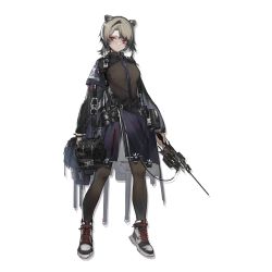 Rule 34 | 1girl, absinthe (arknights), animal ears, arknights, azling, bag, bear ears, black jacket, black pantyhose, blue skirt, breasts, full body, grey hair, holding, jacket, long sleeves, looking at viewer, miniskirt, official art, pantyhose, red eyes, shoes, short hair, skirt, small breasts, sneakers, solo, standing, transparent background