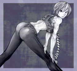 Rule 34 | 1girl, abara-ya, ass, bent over, braid, breasts, greyscale, hair over shoulder, hand on own knee, long braid, long hair, long legs, looking at viewer, looking back, medium breasts, midriff, monochrome, original, outside border, pants, simple background, single braid, narrow waist, solo, sports bra, tight clothes, tight pants, toned, very long hair
