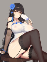 Rule 34 | 1girl, bare shoulders, black hair, black panties, black thighhighs, breasts, brown eyes, brown gloves, covered erect nipples, curvy, elbow gloves, female focus, fingerless gloves, garter straps, girls&#039; frontline, gloves, gongba laoge, hair ornament, highres, lace, lace-trimmed legwear, lace trim, large breasts, lingerie, long hair, looking at viewer, mole, nipples, panties, perky breasts, see-through, shirt, simple background, sitting, solo, thighhighs, thighs, type 95 (girls&#039; frontline), underwear, very long hair, white shirt