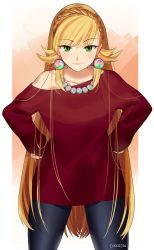 Rule 34 | 1girl, blonde hair, blush, braid, chocojax, earrings, fire emblem, fire emblem heroes, gloves, green eyes, jewelry, long hair, looking at viewer, necklace, nintendo, pantyhose, sharena (fire emblem), simple background, smile, solo, sweater, very long hair