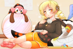 Rule 34 | 10s, 1girl, :o, ball, barefoot, bike shorts, blonde hair, blush, breasts, charlotte (madoka magica), cup, cushion, drill hair, exercise ball, exhausted, food, hood, hoodie, large breasts, lee (colt), legs, long hair, looking at viewer, lying, macaron, mahou shoujo madoka magica, mahou shoujo madoka magica (anime), on floor, on side, open mouth, plate, plump, saucer, sharp teeth, short shorts, shorts, solo, spoon, sweat, teacup, teeth, tomoe mami, tray, twin drills, weights, yellow eyes