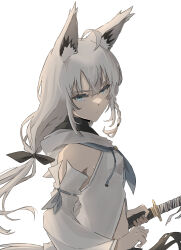 Rule 34 | 1girl, absurdres, ahoge, animal ear fluff, animal ears, bare shoulders, black bow, blue eyes, blue neckerchief, bow, braid, closed mouth, commentary request, detached sleeves, fox ears, fox girl, fox tail, from side, hair between eyes, hair bow, highres, holding, holding sword, holding weapon, hololive, katana, kohiiro, long hair, long sleeves, looking at viewer, neckerchief, shirakami fubuki, shirakami fubuki (1st costume), side braid, simple background, solo, sword, tail, virtual youtuber, weapon, white background, white hair, white sleeves