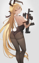 1girl absurdres alternate_costume animal_ears ass assault_rifle backless_leotard bare_shoulders black_bow black_bowtie black_gloves black_leotard black_pantyhose blonde_hair bow bowtie bullpup closed_mouth collar commentary detached_collar english_commentary fake_animal_ears fake_tail girls&#039;_frontline gloves gun hair_bow highres holding holding_gun holding_weapon huinjebi leotard long_hair looking_at_viewer looking_back ots-14_(girls&#039;_frontline) ots-14_groza pantyhose rabbit_ears rabbit_tail rifle simple_background solo tail trigger_discipline weapon white_background white_collar yellow_eyes