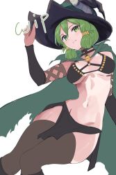 1girl breasts cape freckles green_eyes green_hair hat navel pelvic_curtain revealing_clothes solo thighhighs underboob unicorn_overlord witch_hat yahna_(unicorn_overlord)