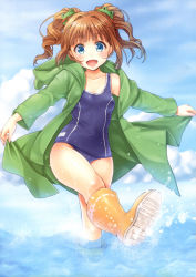 Rule 34 | 1girl, :d, absurdres, blue eyes, blush, boots, brown hair, cloud, coat, courreges ace, day, frog, hair ornament, highres, idolmaster, idolmaster (classic), jacket, jacket over swimsuit, kicking, one-piece swimsuit, open mouth, rubber boots, scan, school swimsuit, sky, smile, solo, splashing, swimsuit, takatsuki yayoi, twintails, wading, water