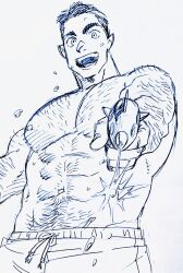 Rule 34 | 1boy, abs, arm hair, bara, chest hair, dickfish (fishismdick), drawstring, hairy, highres, holding, holding water gun, john rottweil (dickfish), large pectorals, looking at viewer, male focus, male swimwear, mature male, monochrome, muscular, muscular male, navel, navel hair, nipples, original, pectorals, scan, short hair, sideburns, sketch, smile, solo, stomach, swim trunks, swimsuit, thick eyebrows, topless male, traditional media, water gun, wet