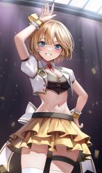 Rule 34 | 1girl, arm up, blonde hair, blue eyes, blush, cropped jacket, frilled skirt, frills, grin, hand on own hip, highres, hololive, hololive english, holomyth anniversary outfit, idol, looking at viewer, midriff, miniskirt, navel, necktie, short hair, skirt, smile, solo, strapless, thigh strap, thighhighs, tube top, virtual youtuber, watson amelia, wrist cuffs, wszkii, zettai ryouiki