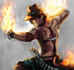 Rule 34 | 1boy, back tattoo, backpiece, belt, boyaking, fire, freckles, hat, jolly roger, knife, male focus, muscular, one piece, pirate, portgas d. ace, sad face, sheath, shorts, smiley face, solo, tattoo, topless male, weapon