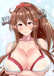 Rule 34 | 10s, 1girl, absurdres, bikini, breasts, brown eyes, brown hair, cleavage, headgear, highres, huge breasts, kantai collection, large breasts, long hair, looking at viewer, parted lips, sankakusui, smile, solo, swimsuit, upper body, white bikini, yamato (kancolle)
