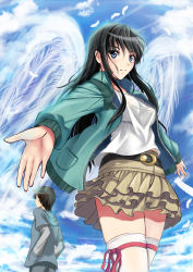Rule 34 | 1girl, absurdres, belt, black hair, blue eyes, blue jacket, blue sky, breasts, brown skirt, day, du zhi feng, feathers, frills, hands in pockets, highres, hood, hooded jacket, hoodie, jacket, layered skirt, long sleeves, looking at viewer, medium breasts, original, outstretched arms, palms, pants, pocket, red ribbon, ribbon, shirt, skirt, sky, soyokaze, sweater, thighhighs, unzipped, white feathers, white shirt, white thighhighs, white wings, wings, zettai ryouiki, zipper