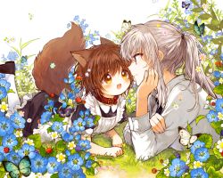 Rule 34 | 2girls, age difference, animal ears, apron, bad id, bad pixiv id, blush, brown eyes, brown hair, bug, butterfly, collar, dress, eye contact, flower, food, frilled apron, frilled dress, frills, fruit, goshujin-sama to kemonomimi no shoujo meru, grass, hand on own face, insect, itou hachi, long hair, looking at another, lying, maid apron, mel (goshujin-sama to kemonomimi no shoujo meru), multiple girls, necktie, on stomach, onee-loli, open mouth, pantyhose, ponytail, raspberry, shirt, short hair, silver hair, smile, tail, white legwear, white shirt, yuri