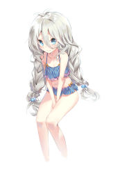 Rule 34 | 1girl, absurdres, antenna hair, bare arms, bare legs, bare shoulders, bikini, blue bikini, blue eyes, blush, braid, closed mouth, collarbone, commentary request, cropped legs, hair between eyes, highres, kokkoro (princess connect!), kokkoro (real) (princess connect!), long hair, looking at viewer, nakatokung, navel, plaid, plaid bikini, princess connect!, silver hair, simple background, smile, solo, split mouth, swimsuit, twin braids, very long hair, white background