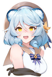 Rule 34 | 1girl, :d, andychen, animal ears, blue bow, blue bowtie, blue hair, blush, bow, bowtie, brown sailor collar, copyright request, cropped torso, fang, hair between eyes, hat, highres, medium hair, open mouth, sailor collar, shirt, simple background, skin fang, sleeveless, sleeveless shirt, smile, solo, tearing up, upper body, virtual youtuber, white background, white shirt, yellow eyes