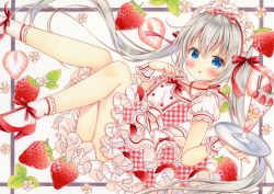 Rule 34 | 1girl, aqua eyes, bad id, bad pixiv id, blush, buttons, commentary, criss-cross halter, double-breasted, dress, feet out of frame, flower, food, frilled dress, frilled socks, frills, fruit, fruit background, hair between eyes, hair ribbon, halterneck, high heels, holding, holding tray, legs up, long hair, looking at viewer, maid headdress, marker (medium), original, parfait, petticoat, plaid, plaid dress, puffy sleeves, puu (kari---ume), reclining, red dress, red footwear, red ribbon, ribbon, shoes, silver hair, socks, solo, strawberry, strawberry blossoms, symbol-only commentary, tongue, tongue out, traditional media, tray, twintails, very long hair, waitress, white background, white socks, wrist cuffs