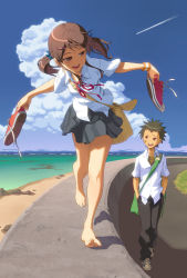 Rule 34 | 1boy, 1girl, :d, aoi sora (pairan), bag, balancing, bandaid, bandaid on face, bare legs, barefoot, beach, black pants, blouse, blue sky, brown eyes, brown hair, cloud, concrete, contrail, day, dress shirt, face, feet, full body, grey skirt, hair ornament, hairclip, hands in pockets, holding, holding shoes, horizon, legs, light, looking at another, neck ribbon, ocean, open mouth, original, outdoors, outstretched arms, pairan, pants, pleated skirt, red eyes, red ribbon, ribbon, round teeth, satchel, school uniform, serafuku, shirt, shoes, unworn shoes, short sleeves, short twintails, shoulder bag, skirt, sky, smile, sneakers, spread arms, sunlight, teeth, toe-point, toes, twintails, walking, wall, wallwalking, white shirt, white shirt, wristband
