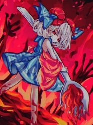 Rule 34 | 1girl, barefoot, blue dress, curly hair, detached sleeves, dress, earrings, fire, highres, holding spork, horizontal pupils, horn ornament, horn ribbon, horns, jewelry, looking at viewer, lava, oil, oversized object, patterned clothing, pointy ears, rectangular pupils, red eyes, red horns, red sleeves, ribbon, sheep horns, short hair, solo, spork, touhou, toutetsu yuuma, utensil, white hair, yuka yukiusa