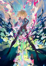 Rule 34 | 1boy, abstract background, blonde hair, blue pupils, colorful, frilled sleeves, frills, hair between eyes, highres, lio fotia, lomizuki, lower teeth only, male focus, multicolored background, open mouth, pink eyes, promare, solo, standing, teeth, tongue