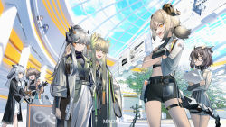 Rule 34 | 6+girls, 9 vcat, :d, absurdres, arknights, astgenne (arknights), black-framed eyewear, black shirt, black shorts, blonde hair, blue hair, brown hair, coat, commentary request, cowboy shot, crop top, dorothy (arknights), grey coat, grey hair, highres, horns, ifrit (arknights), indoors, magallan (arknights), midriff, muelsyse (arknights), multiple girls, open clothes, open coat, open mouth, orange eyes, pointy ears, pointy hair, ptilopsis (arknights), saria (arknights), shirt, short hair, short shorts, shorts, silence (arknights), single bare shoulder, smile, standing, tail, thigh strap, thighs
