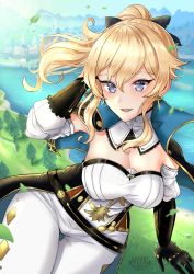 Rule 34 | 1girl, absurdres, blonde hair, blue eyes, blush, breasts, cape, cleavage, genshin impact, gloves, highres, jean (genshin impact), large breasts, long hair, looking at viewer, pants, parted lips, ponytail, ryuuneart, skin tight, smile, solo