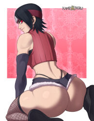 Rule 34 | 1girl, absurdres, aged up, artist name, ass, ass focus, bare shoulders, black hair, black panties, blouse, boruto: naruto next generations, crop top, elbow gloves, fishnets, from behind, fur trim, gloves, headband, highres, huge ass, kameseru, kunoichi, looking at viewer, looking back, micro shorts, muscular, muscular female, naruto (series), panties, red shirt, sharingan, shirt, short hair, short shorts, shorts, sitting, sleeveless, smile, solo, spread legs, thick thighs, thighhighs, thighs, thong, uchiha sarada, underwear, wariza, whale tail (clothing)