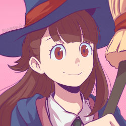 Rule 34 | 10s, 1girl, artist name, black hat, blunt bangs, broom, brown hair, close-up, collared shirt, female focus, hat, holding, holding broom, kagari atsuko, koyorin, little witch academia, long hair, looking at viewer, pink background, red eyes, shirt, simple background, smile, solo, solo focus, tareme, very long hair, watermark, web address, white shirt, wing collar, witch hat