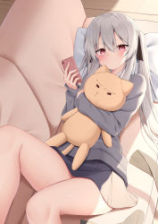 Rule 34 | 1girl, cardigan, cellphone, collared shirt, commentary request, couch, grey cardigan, grey hair, grey skirt, highres, holding, holding phone, indoors, kamu (geeenius), long hair, lying, on back, on couch, original, phone, pillow, pleated skirt, red eyes, school uniform, shirt, skirt, solo, stuffed animal, stuffed toy, teddy bear, thighs
