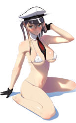 Rule 34 | 10s, 1girl, arm support, arm up, bare legs, barefoot, between breasts, bikini, black gloves, blue eyes, blush, breasts, covered erect nipples, detached collar, eight tohyama, full-face blush, gloves, graf zeppelin (kancolle), hair between eyes, tucking hair, hat, highres, kantai collection, large breasts, light brown hair, long hair, looking at viewer, medium breasts, navel, necktie, necktie between breasts, parted lips, peaked cap, shiny skin, short necktie, sidelocks, simple background, sitting, solo, strap gap, string bikini, sweat, swimsuit, twintails, wariza, white background, white bikini