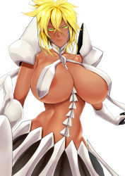 Rule 34 | &gt;:(, 1girl, areola slip, armor, arrancar, bleach, blonde hair, blush, breasts, collarbone, cowboy shot, dark-skinned female, dark skin, facial mark, frown, gloves, green eyes, hair between eyes, huge breasts, janong, large areolae, looking at viewer, navel, number tattoo, pauldrons, revealing clothes, shoulder armor, simple background, solo, tattoo, tier harribel, v-shaped eyebrows, white background, white gloves