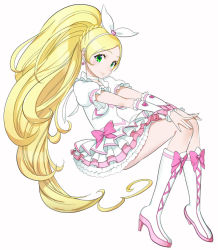 Rule 34 | 10s, 1girl, blonde hair, boots, bow, choker, cure rhythm, frills, green eyes, heart, jewelry, long hair, looking at viewer, magical girl, mikurou (nayuta), minamino kanade, precure, smile, solo, suite precure, thighhighs, twintails, very long hair, white choker