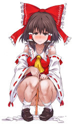Rule 34 | 1girl, 3:, ascot, bare shoulders, between legs, blush, bottomless, bow, brown eyes, brown hair, censored, collarbone, convenient censoring, detached sleeves, female focus, female masturbation, full body, gohei, hair bow, hair tubes, hakurei reimu, loafers, long sleeves, looking at viewer, masturbation, mogg, no panties, pussy juice, shirt, shoes, simple background, solo, squatting, thighs, touhou, white background, wide sleeves