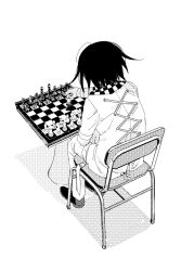 Rule 34 | 1boy, 50k v3, board game, chair, checkered clothes, checkered scarf, chess, danganronpa (series), danganronpa v3: killing harmony, from above, from behind, grey background, greyscale, highres, holding chess piece, jacket, long sleeves, male focus, monochrome, oma kokichi, pants, scarf, shoes, short hair, simple background, sitting, solo, table