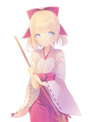 Rule 34 | 1girl, alternate costume, artoria pendragon (all), artoria pendragon (fate), blonde hair, blue eyes, broom, fate/stay night, fate (series), highres, japanese clothes, komame yuzu, kucarail, miko, saber (fate), simple background, solo, wide sleeves