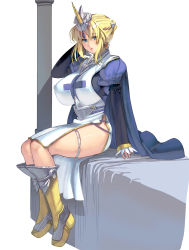 Rule 34 | 1girl, armor, armored boots, bed sheet, blonde hair, blue eyes, boots, braid, breasts, cape, dress, earrings, full body, headpiece, highres, horns, huge breasts, jewelry, knight, kouno (masao), layered sleeves, long sleeves, looking at viewer, original, parted lips, pelvic curtain, puffy short sleeves, puffy sleeves, short hair, short over long sleeves, short sleeves, side slit, single horn, sitting, solo, tabard, thigh strap, thighs, white dress