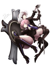 Rule 34 | 2girls, absurdres, armor, armored dress, ass, bad id, bad pixiv id, black dress, black footwear, black gloves, black hairband, black legwear, black leotard, black ribbon, blindfold, boots, breasts, clothing cutout, crossover, dress, elbow gloves, fate/grand order, fate (series), gloves, hair over one eye, hairband, high heel boots, high heels, highres, holding, holding sword, holding weapon, juliet sleeves, large breasts, leotard, long sleeves, looking at viewer, mash kyrielight, mole, mole under mouth, multiple girls, navel cutout, nier:automata, nier (series), no panties, open mouth, parted lips, puffy sleeves, purple eyes, purple gloves, purple hair, ribbon, shield, short hair, side slit, signature, silver hair, sword, thigh boots, thighhighs, turtleneck, vambraces, weapon, yanyanzi, 2b (nier:automata)