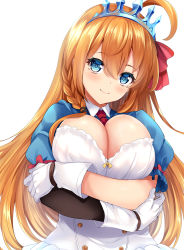 Rule 34 | 1girl, ahoge, blue eyes, blush, braid, breasts, cleavage, commentary request, gloves, hair between eyes, hair ornament, hair ribbon, highres, hinata sora, large breasts, long hair, looking at viewer, orange hair, pecorine (princess connect!), princess connect!, puffy short sleeves, puffy sleeves, red ribbon, ribbon, short sleeves, simple background, smile, solo, tiara, white background, white gloves