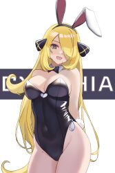 Rule 34 | 1girl, :d, alternate costume, animal ears, arms behind back, black bow, black bowtie, black leotard, blonde hair, bow, bowtie, breasts, cleavage, commentary, covered navel, cowboy shot, creatures (company), cynthia (pokemon), detached collar, egyptiangreen, game freak, grey eyes, hair ornament, hair over one eye, hairband, highres, large breasts, leotard, long hair, nintendo, open mouth, pokemon, pokemon dppt, rabbit ears, rabbit tail, smile, solo, tail, transparent background, very long hair, wavy hair