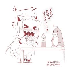 Rule 34 | &gt; &lt;, 10s, 1girl, abyssal ship, artist name, bird, blush, bottle, brain freeze, closed eyes, commentary request, contemporary, covered mouth, food, horns, ice, ice shaver, kantai collection, long hair, mittens, monochrome, northern ocean princess, penguin, shaved ice, solo, spoon, syrup, table, translation request, trembling, twitter username, very long hair, yamato nadeshiko
