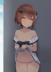 Rule 34 | 1girl, blush, breasts, brown eyes, brown hair, clothes lift, collarbone, cowboy shot, dress, dress lift, flower, hair between eyes, hair flower, hair ornament, kantai collection, lifted by self, navel, panties, parted lips, pink flower, shin (new), short hair, small breasts, solo, underwear, white dress, white panties, yukikaze (kancolle), yukikaze kai ni (kancolle)