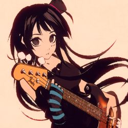 Rule 34 | 1girl, akiyama mio, bass guitar, black eyes, black hair, breasts, commentary, elbow gloves, english commentary, eyelashes, fender (company), fender jazz bass, fingerless gloves, gloves, hat, holding, holding instrument, instrument, k-on!, long hair, looking at viewer, medium breasts, moshimoshibe, parted lips, sidelocks, simple background, sleeveless, solo, tan background, upper body
