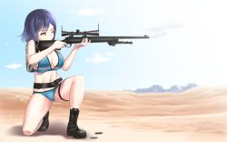 Rule 34 | 1girl, aiming, backpack, bag, bare legs, bare shoulders, bikini, black footwear, blue bikini, blue sky, bolt action, boots, breasts, cleavage, closed mouth, cloud, commentary request, cross-laced footwear, day, desert, gun, holding, holding gun, holding weapon, lace-up boots, large breasts, mountain, navel, nijisanji, on one knee, one eye closed, outdoors, playerunknown&#039;s battlegrounds, purple hair, remington model 700, rifle, scope, shell casing, shirihime, shizuka rin, short hair, sky, sniper rifle, solo, swimsuit, virtual youtuber, weapon, weapon request, yellow eyes