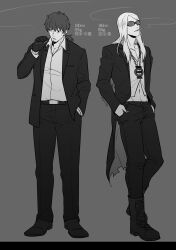 Rule 34 | 2boys, absurdres, belt, boots, chain necklace, cigarette, coat, collared shirt, dress shoes, facial hair, fate/grand order, fate (series), full body, gloves, goatee, grey background, hand in pocket, hector (fate), highres, holding, holding cigarette, jacket, jewelry, long hair, long sleeves, looking down, looking up, male focus, mogula71, monochrome, mouth hold, multiple boys, necklace, pants, parted lips, ponytail, shirt, smoke, smoking, standing, sunglasses, tezcatlipoca (fate), translation request, twitter username