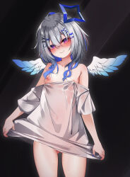 Rule 34 | 1girl, absurdres, ahoge, amane kanata, amane kanata (another world), angel wings, bare shoulders, blue hair, blush, breasts, colored inner hair, feathered wings, gluteal fold, gradient wings, grey hair, hair between eyes, hair ornament, hairclip, halo, heart, heart-shaped pupils, highres, hololive, kana616, long hair, looking at viewer, multicolored hair, multicolored wings, naked shirt, nipples, off shoulder, purple eyes, shirt, small breasts, smile, solo, star halo, symbol-shaped pupils, virtual youtuber, wings