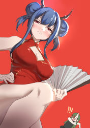 Rule 34 | !, !!, 2girls, absurdres, arknights, bare legs, blood, blue hair, blush, breasts, ch&#039;en (ageless afterglow) (arknights), ch&#039;en (arknights), chibi, chibi inset, china dress, chinese clothes, cleavage, cleavage cutout, closed mouth, clothing cutout, double bun, dragon horns, dress, dutch angle, embarrassed, folding fan, green hair, hair bun, hand fan, hand on own hip, highres, horns, hoshiguma (arknights), knee up, looking at viewer, medium breasts, medium hair, multiple girls, nosebleed, official alternate costume, red background, red dress, red eyes, sidelocks, simple background, single horn, skin-covered horns, sleeveless, sleeveless dress, solo focus, thighs, yi mu (1454177280)